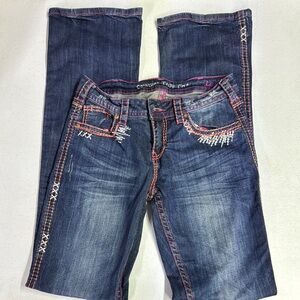 COWGIRL TUFF Women's Blue Jeans with Pink Orange + White Stitching
